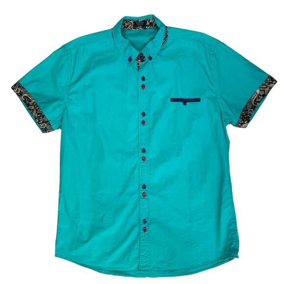 Coofandy Casual Short Sleeve Shirt Mens Large Green Slim Fit Button Paisley Trim - Picture 10 of 13